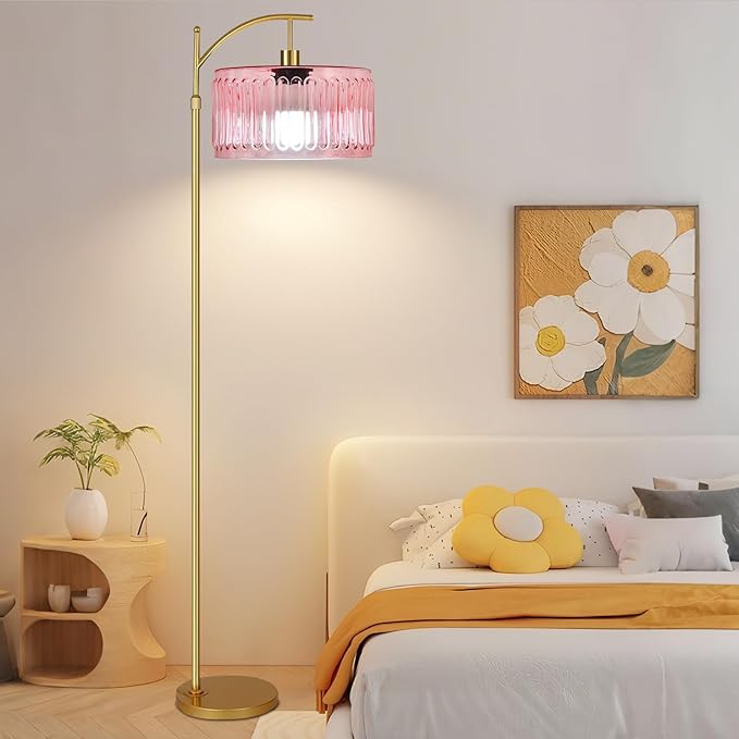 Pink Floor Lamp for Living Room,Bedroom,Gold Dimmable Standing Lamp with Remote,Mid Century Modern Brass Tall Lamp Boho Floor Lamps Arc Stained Glass Flower Floor Light Lamp Girls kids Bohemian
