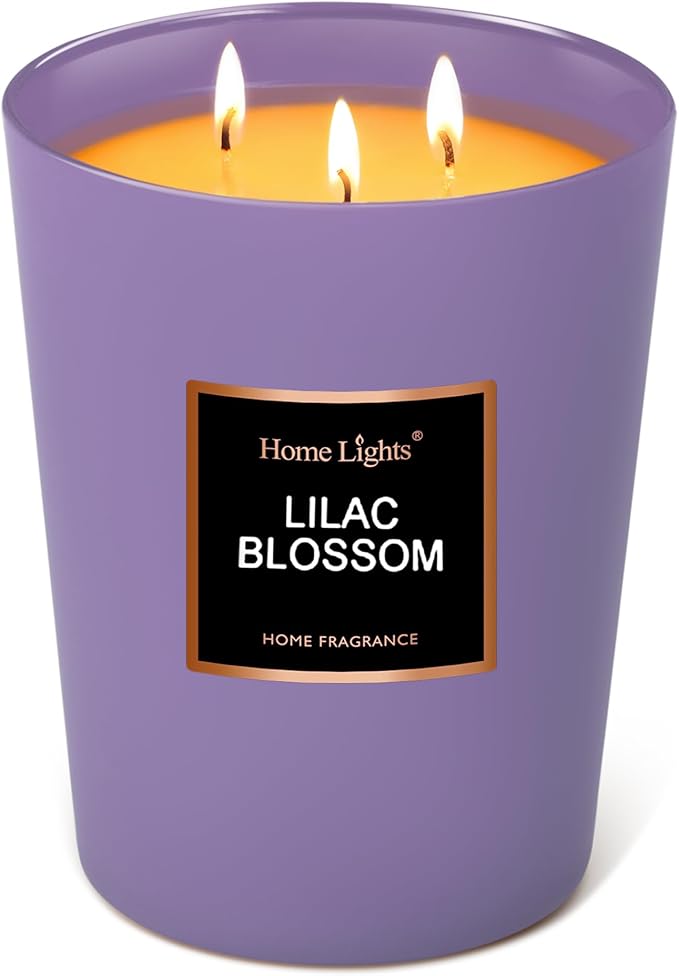 HomeLights Highly Scented Soy Candles Big 33.3 oz for Home. 3 Cotton Wicks, Smokeless Long Lasting 130 hrs in Lilac Blossom. 5x6, Great Gift for Women & Men