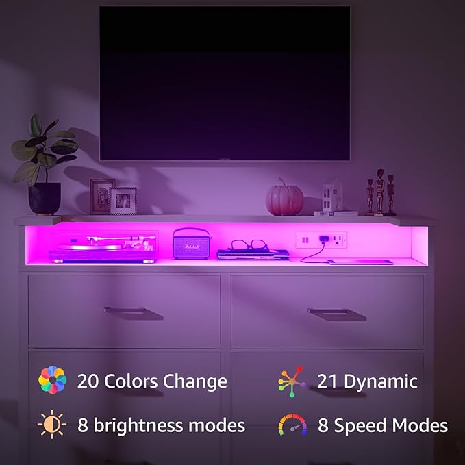 BOLUO White Dresser with LED Light and Charging Station for Bedroom 6 Drawer Dresser with USB Outlet, Fabric Dressers & Chests of Drawers Modern