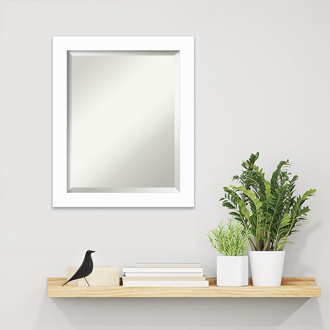 Amanti Art White Wall Mirror 23x19 Basic White Narrow Rectangle Bathroom Mirror for Wall Decor Living Room, Small Casual Wood Frame, Hangs Horizonally and Vertically, Bathroom Decor, Beveled Edge