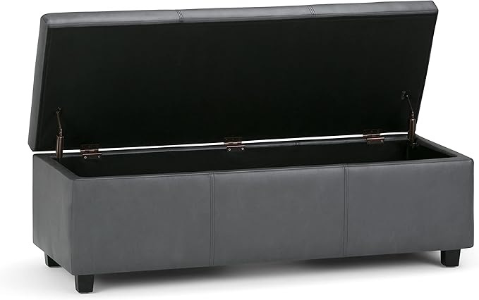 SIMPLIHOME Avalon Storage Ottoman Bench - 48 inch Wide Upholstered Vegan Leather Rectangular Lift-Top Ottoman in Stone Grey, Contemporary Storage Bench for Living Room with High-Density Foam