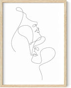 Minimalist Face to Face Wall Art Two Portraits Continuous Line Drawing 12x16 Inch Oak Wood Beige Framed Modern Aesthetic Profile Print for Bedroom Decor