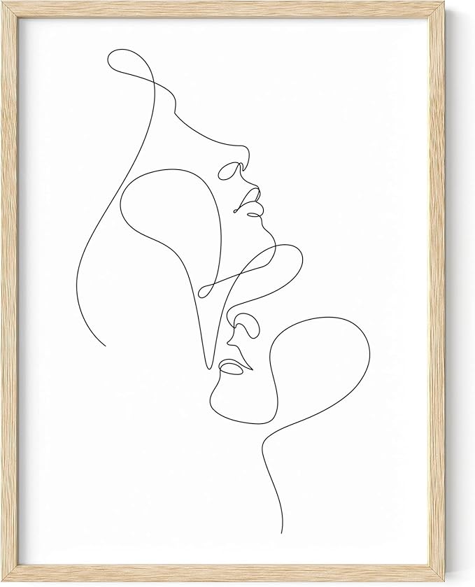 Minimalist Face to Face Wall Art Two Portraits Continuous Line Drawing 12x16 Inch Oak Wood Beige Framed Modern Aesthetic Profile Print for Bedroom Decor