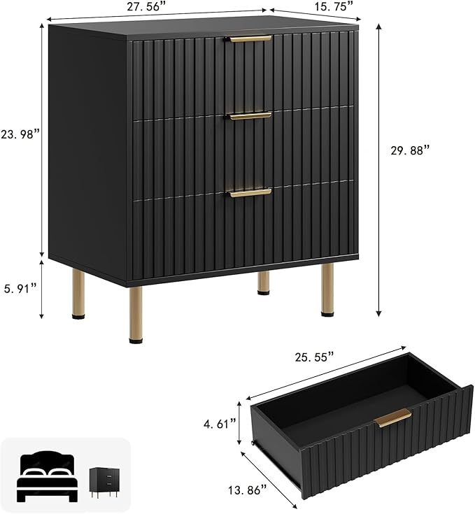 GarveeHome 3 Drawer Dresser for Bedroom, Fluted Modern Nightstand with Deep Drawers, Chest of Drawers with Wide Top, Wooden Dresser Organizer, Side Table for Living Room, Hallway, Kids Room, Black