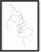 Minimalist Face to Face Wall Art Two Portraits Continuous Line Drawing 12x16 Inch Oak Wood Black Framed Modern Aesthetic Profile Print for Bedroom Decor