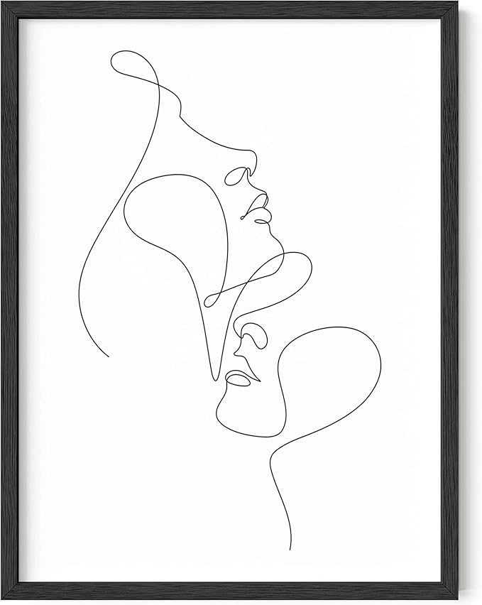 Minimalist Face to Face Wall Art Two Portraits Continuous Line Drawing 12x16 Inch Oak Wood Black Framed Modern Aesthetic Profile Print for Bedroom Decor