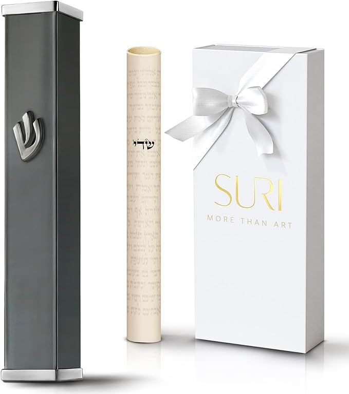 SURI Small Mezuzahs – 3.8 Inch Gray Aluminum Jewish Door Mezuza Cover with Printed Scroll Set, Contemporary Shin Design, Fits a 3 Inch Scroll, Self-Stick Adhesive, Gift Box Included