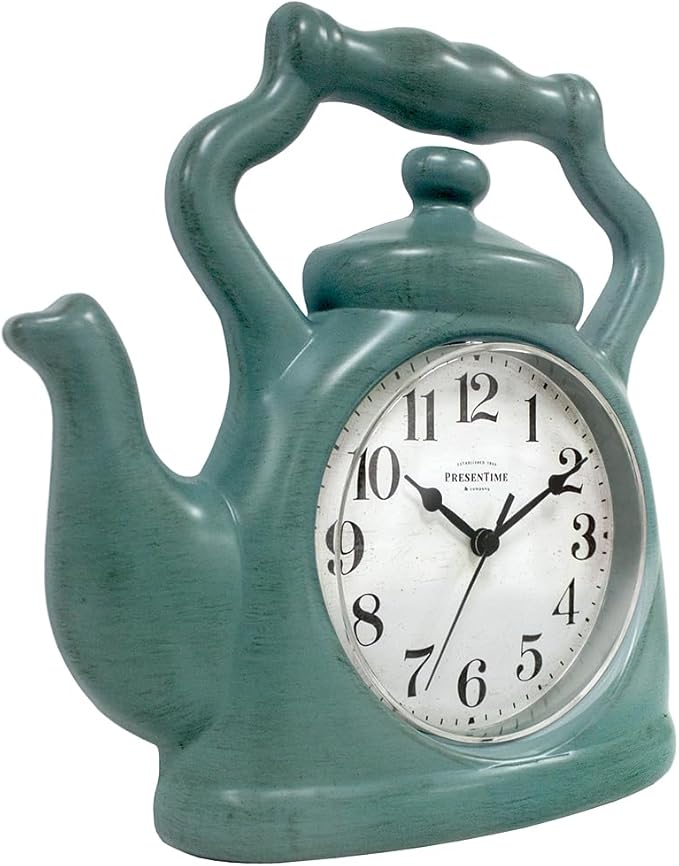 Presentime & Co. 11" Teapot Clock, Silent Non Ticking, Modern Farmhouse Style, Wall & Mantel 2 in 1 Clock, Desk & Shelf, Aged Teal Finish (Wall Deocration/Home Decoration/Tabletop Décor)