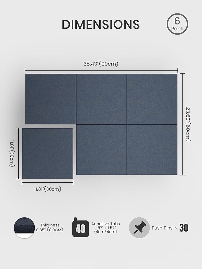 Bumusty Large Cork Board 36" x 24" Alternative - 6 Pack Felt Wall Tiles with 40 Safe Removable Adhesive Tabs, 30 Pushpins, Cork Boards for Walls Bulletin Board Office Decor (Deep Charcoal Blue)
