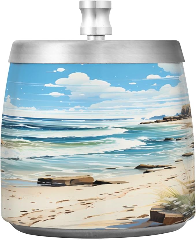 Watercolor Beach Sea Ashtray with Lid, Outdoor Ashtrays for Patio, Stainless Steel Ashtray Odorless Smokeless for Home Office Balcony