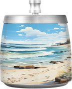 Watercolor Beach Sea Ashtray with Lid, Outdoor Ashtrays for Patio, Stainless Steel Ashtray Odorless Smokeless for Home Office Balcony
