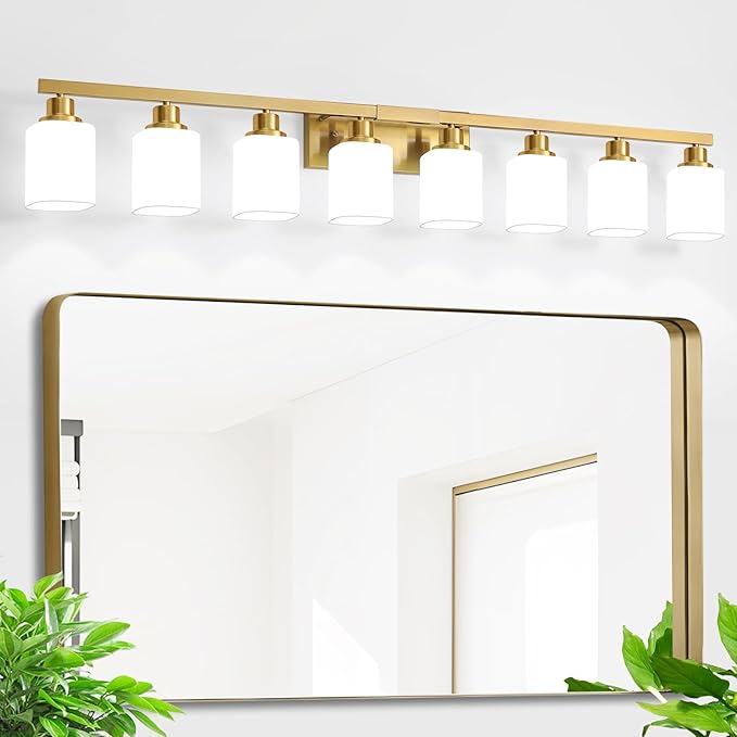 Bathroom Vanity Light,8-Light Brushed Gold Bathroom Light Fixtures with Square Frosted Glass, 51in Gold Wall Lamp Sconces for Mirror Bedroom,Living Room Hallway,E26