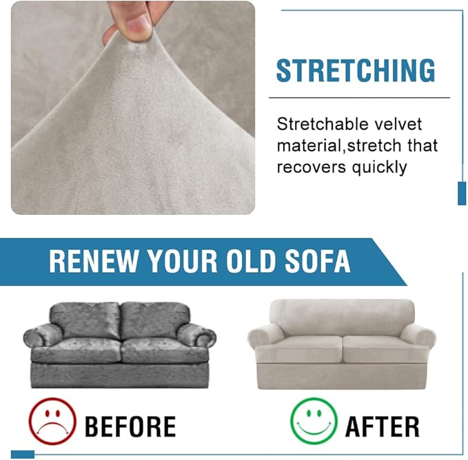 H.VERSAILTEX Sofa Cover 3 Piece T Cushion Sofa Slipcovers Thick Velvet Couch Cover Stretch T Cushion Sofa Covers for 2 Cushion Couch with 2 Individual T Cushion Covers Washable, Oatmeal