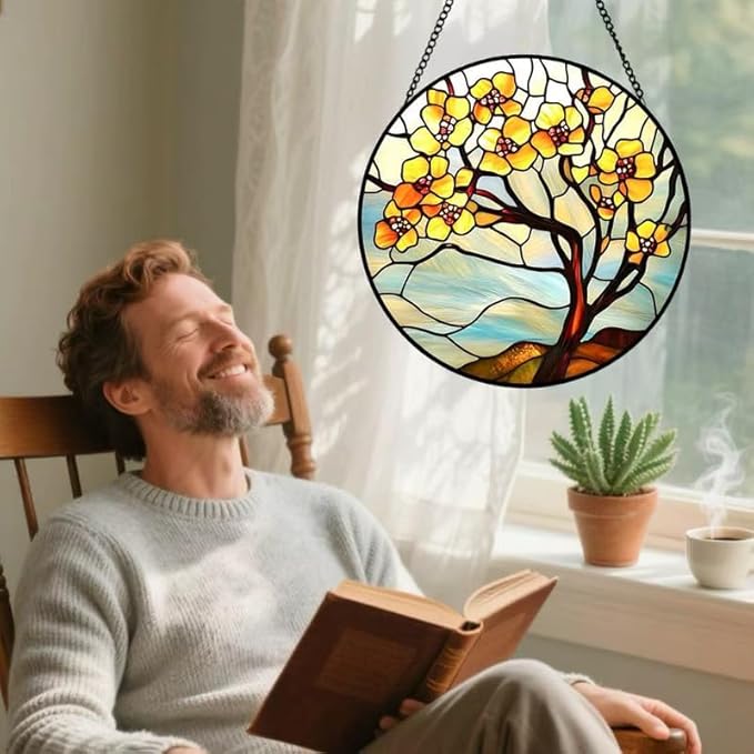 Yellow Blossom Tree Stained Glass Suncatcher Window Hanging Floral Glass Panel Nature Art Home Window Decoration Gift