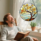 Yellow Blossom Tree Stained Glass Suncatcher Window Hanging Floral Glass Panel Nature Art Home Window Decoration Gift
