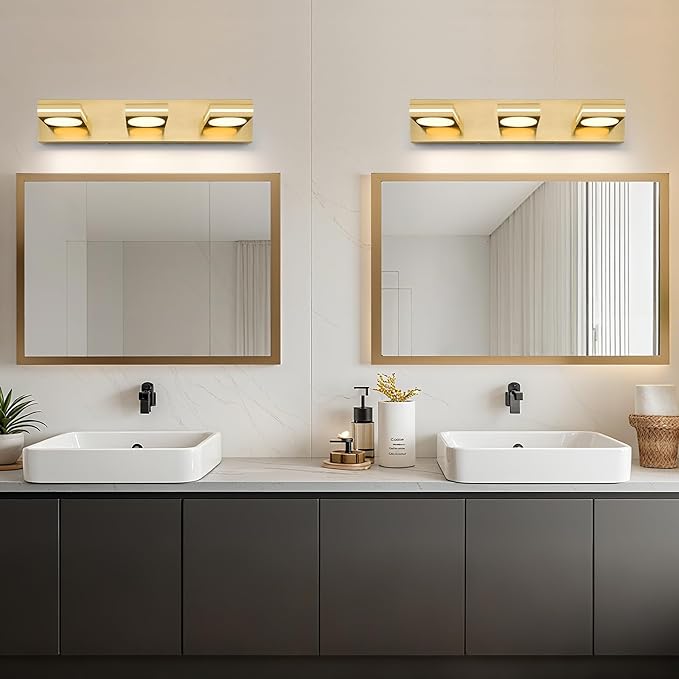 OKELI 3-Light LED Bathroom Vanity Light Fixtures, Gold Modern Bathroom Wall Lighting Fixtures Over Mirror (3CCT, 3000K-6000K)
