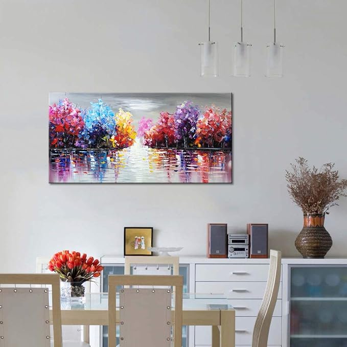 Hand Painted Colurful Textured Lake Landscape Oil Painting on Canvas Purple Tree Wall Art Abstract Nature Artwork for Living Room Bedroom Decor