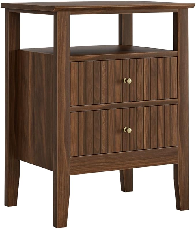 Fluted Nightstand, Farmhouse Night Stand with 2 Drawers, Mid Century Modern Side Accent Table,Bedside End Table for Bedroom, Living Room, Brown