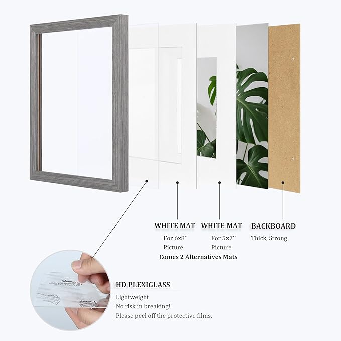 Egofine 9x12 Picture Frames Set of 4, Made of Solid Wood Covered by Plexiglass 5x7 and 6x8 with Mat or 9x12 without Mat, for Table Top Display and Wall Mounting Photo Frame Light Grey