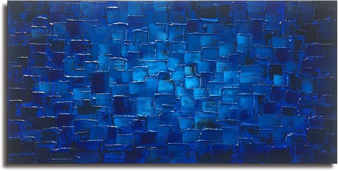 MyArton Textured Abstract Squares Canvas Wall Art Hand Painted Modern Dark Blue Oil Painting Picture for Home Decoration Ready to Hang 40x20inch