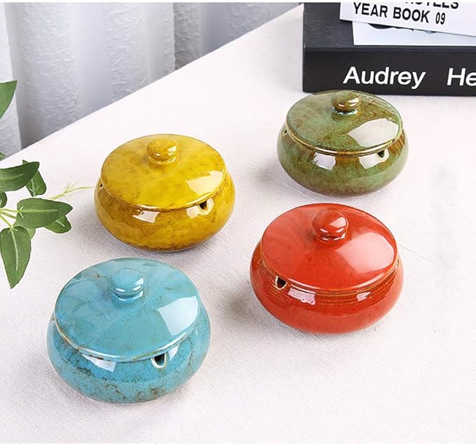 Lependor Ceramic Ashtray with Lids, Windproof, Cigarette Ashtray for Indoor or Outdoor Use，Ash Holder for Smokers,Desktop Smoking Ash Tray for Home Office Decoration - Blue