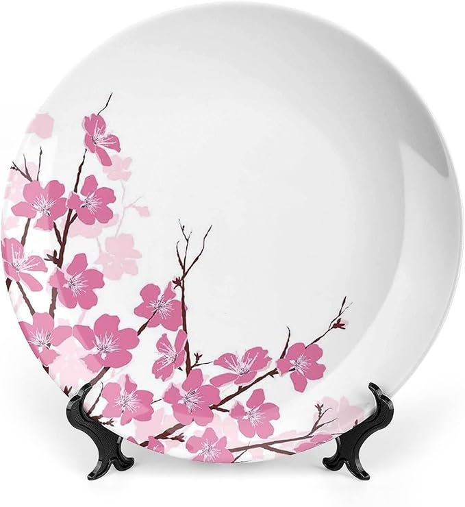 Ceramic Plates, Asian Decor Decorative Ceramic Plates, Japanese Cherry Blossoms with Branches Spring Time, 8 Inch, for Dining, Parties, Wedding, Pink White