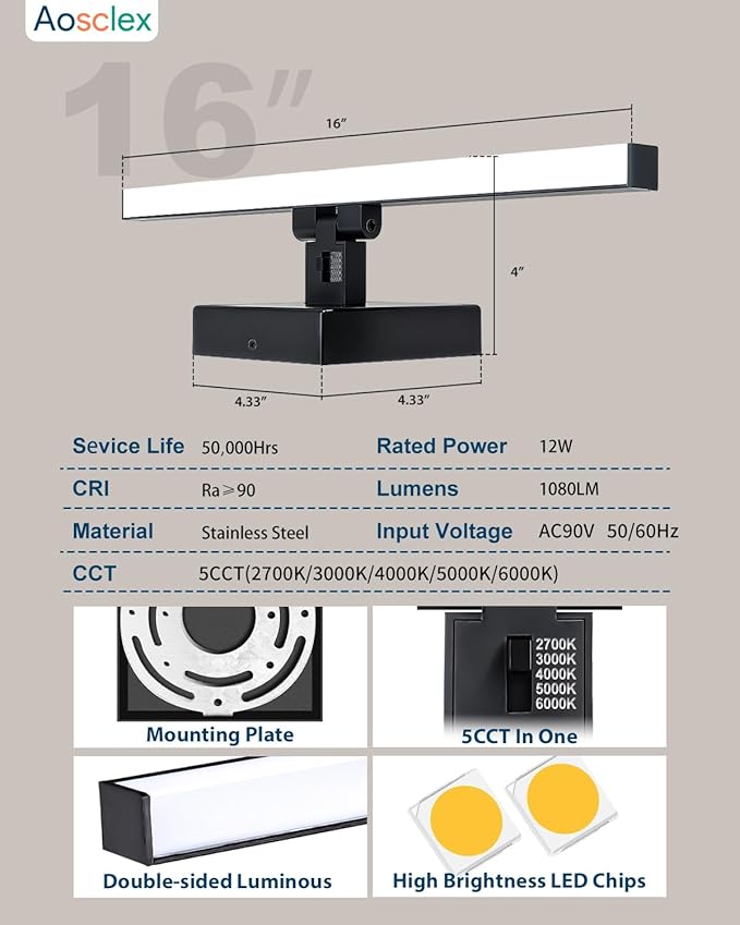 Bathroom Lights Over Mirror, 16 Inch 12W IP44 Black Modern Vanity Lights, 5CCT Adjustable (2700K–5000K), Dimmable Led Bathroom Light Fixtures, Dual-Sided, 180° Rotatable Angle, ETL