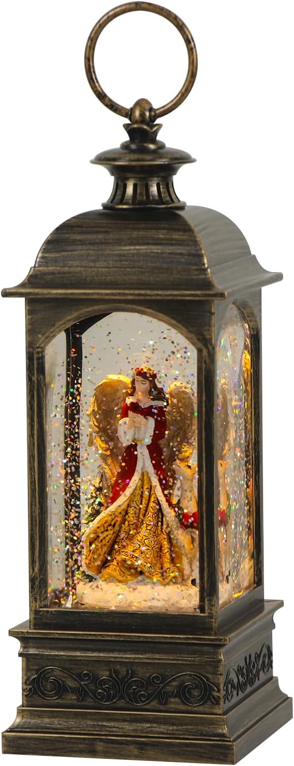 Eldnacele Angel Music Snow Globe Lantern with 6 Hour Timer, Battery Operated & USB Powered Singing Lighted Lamp Swirling Water Glittering Christmas Decoration Holiday Decor Lantern