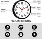 14 Inch Wall Clock Modern Battery Operated Silent Non Ticking Large Analog Clock for Living Room Office Home Bedroom Kitchen Bathroom(Black)