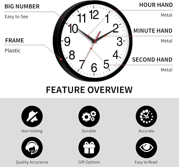 Wall Clock Modern 10 Inch Black Battery Operated Silent Non Ticking Analog for Living Room Office Home Bedroom Kitchen Bathroom
