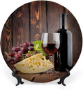 Decorative Plates, Wine Print Ornament, Red Wine Cabernet Bottle and Glass Cheese and, 7 Inch, Kitchen Wall Decor, Brown Burgundy Cream