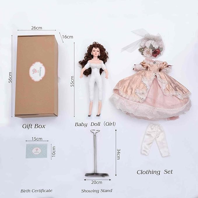 22 Inch 55cm Porcelain ＆ Fabric Victoria Doll, European Retro Handmade Ceramic Doll with Showing Stand for Room Decor, Birthday Gifts, Collectible，Name Lenore
