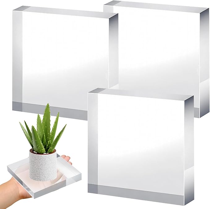 4 Pack 6 x 6 x 1 Inch Acrylic Blocks for Display, Acrylic Base Stand, Clear Polished Acrylics Cubes, Jewelry Displays Stand Pedestal Stand for Collectibles Jewelry Props Plant Display