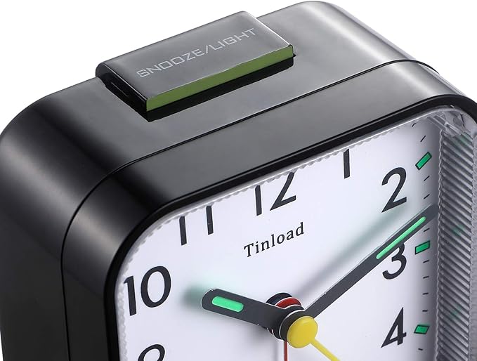 Small Battery Operated Analog Travel Alarm Clock Silent Non Ticking, Gentle Wake, Ascending Beep Sounds, Snooze,Lighted on Demand, Easy Set(Black)