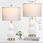 Double Gourd Ceramic Table Lamps Set of 2, Modern White Bedside Lamps for Night Stand, Contemporary Nightstand Lamps for Bedroom Living Room (Bulb Included)