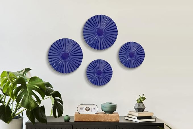 ITrixgan Deep Blue Wall Art Round Metal Modern Accent Sunburst Hanging Decor Above Bed TV for Home Office Bedroom Living Room Set of 4