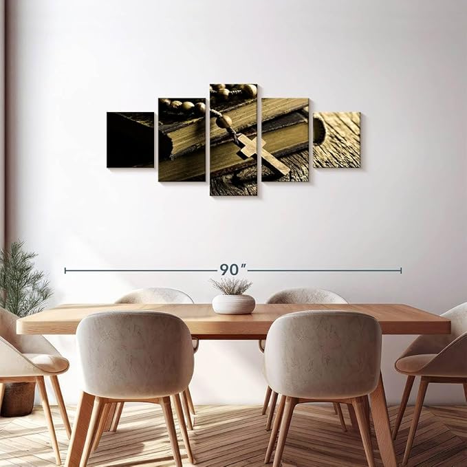 Elephant Stock Bible And Cross Wall Art Multi Piece Canvas - 5 Panel Christian Pictures Decor - Digital Design Canvas Print - Christian Wall Decor - 68" X 30"