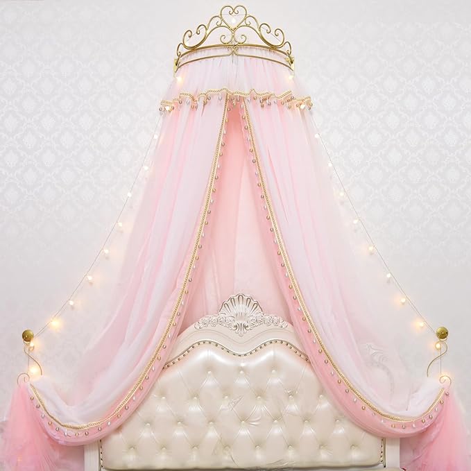 Girl Bed Curtain Princess Crown Mosquito Netting Children Room Decor Bedside Yarn Net Romantic Princess Tents Bed Canopy Valance (Light Pink)