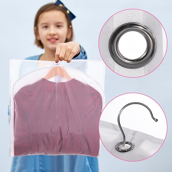Windyun 10 Pack Garment Bags for Dance Costumes Kids 40 Inch Clothing Bags Hanging Clothes with 3 Clear Zipper Pocket Waterproof Garment Cover for Dance Competition, Travel, Closet Storage(White)