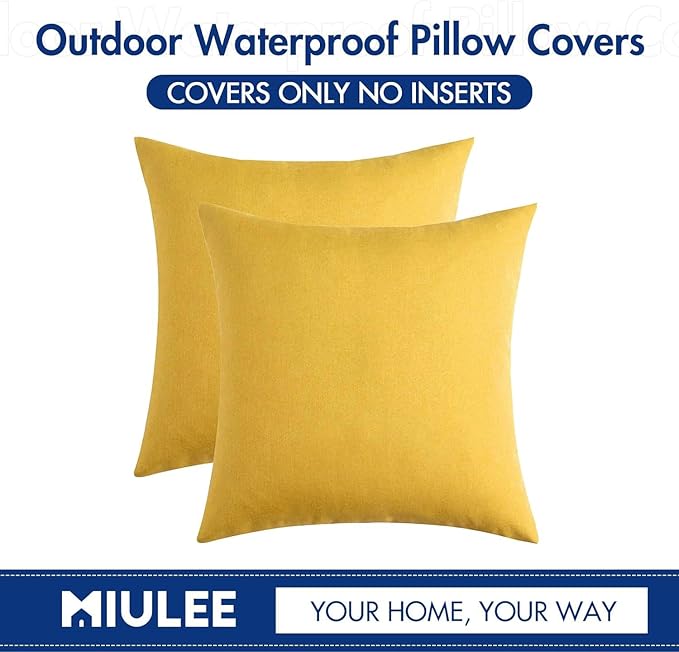 MIULEE Pack of 2 Decorative Outdoor Solid Waterproof Throw Pillow Covers Euro Sham Faux Linen Garden Farmhouse Cushion Cases for Summer Patio Tent Balcony Couch Sofa 24x24 Inch Yellow