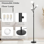 3-Globe Mid Century Black Tree Floor Lamp for Living Room,70in Tall Modern Stepless Dimmable Standing Lamp with Frosted Glass Shade for Office Bedroom, Study Room Bulbs Included(dimmer-Black)