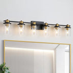 LOUSACE Bathroom Light Fixtures Black and Gold, 6 Light Bathroom Vanity Light, Modern Bathroom Light over Mirror with Clear Glass Shades, Brushed Gold Socket Wall Vanity Lighting Fixtures for Bathroom