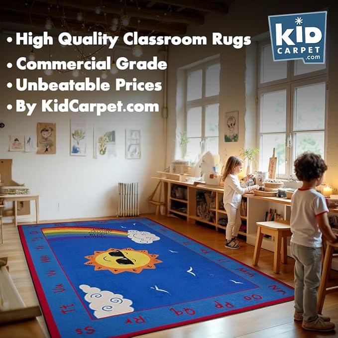 KIDCARPET.COM Shine Bright Learning Rainbow Rug 6' x 8'6" Rectangle for School or Classroom | Kids Learning Numbers, Colors & Alphabets | Playroom Area Rug