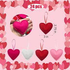 Felt Heart Ornament, 24Pcs Valentines Day Felt Heart Hanging Ornaments Red Pink Hearts Shaped Ornament Bulk for Valentine Day Wedding Anniversary Party Decorations