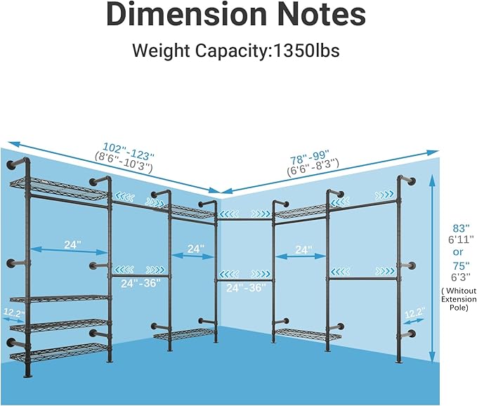 Timate L6 Closet Rack Wall Mount for Corner - Expandable Industrial Pipe Closet , Heavy Duty Hanging Garment Rack, Closet Organizer Storage Solution for Wardrobe, Bedroom, Walk-in Closets, Black