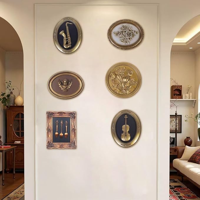 Vintage Wall Sculpture,Antique Pediment,Hallway Art,Hand Painted Instrument Decoration Accent Artworks for Indoor Kitchen Bedroom Living Room Office Outdoor Garden Patio Oval (Bronze Violin)