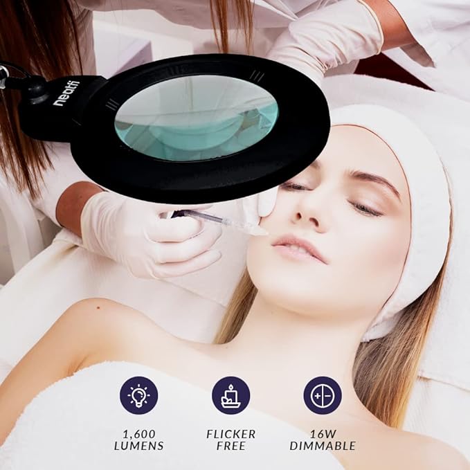 Neatfi XL Bifocal LED Magnifying Lamp – 7” Acrylic Lens, 5D/20D Magnification, 1,600 Lumens, Dimmable with 3 Light Modes, Adjustable Arm & Clamp, Lamp for Reading, Crafting (Black, CCT with Clamp)