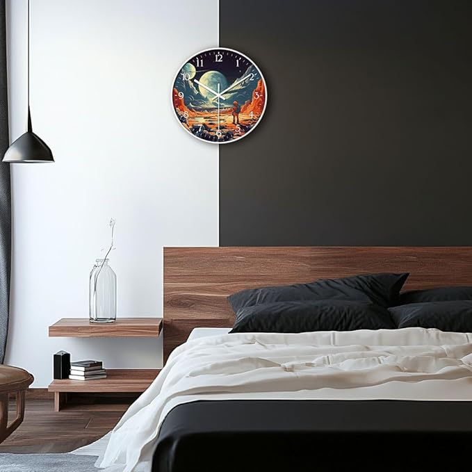 8 inch Silent Battery Operated Wall Clock, Decorative Round Wall Clock, Space Themed Astronauts