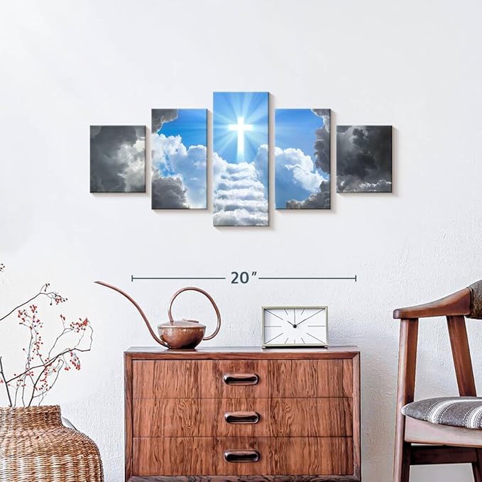 ElephantStock Stairway To Jesus Christ Wall Art Multi Piece Canvas - 5 Panel Christian Pictures Decor - Digital Design Canvas Print - Christian Wall Decor - 29" X 12"