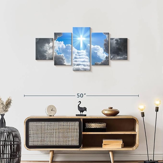 Elephant Stock Stairway To Jesus Christ Wall Art Multi Piece Canvas - 5 Panel Christian Pictures Decor - Digital Design Canvas Print - Christian Wall Decor - 42" X 19"